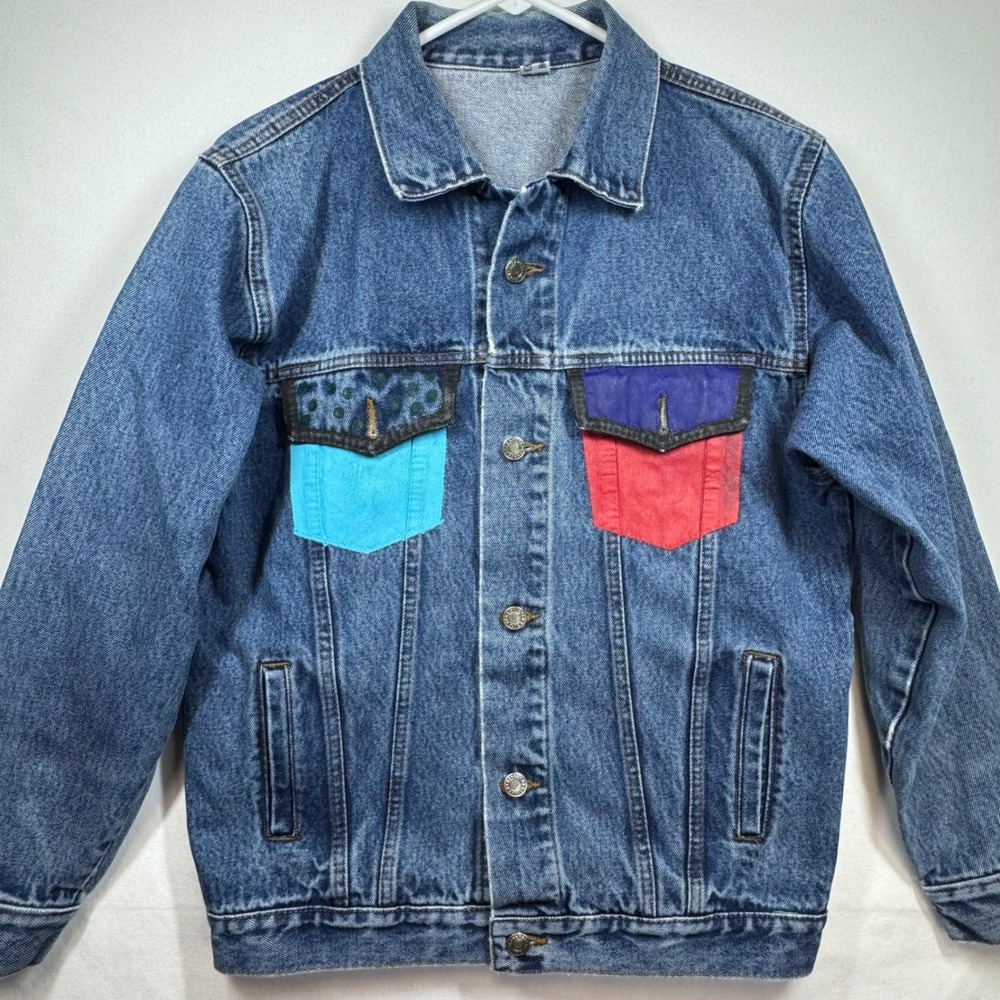 Authentic 80s 90s Vintage Denim Jacket Colorful Hearts Retro Size 36